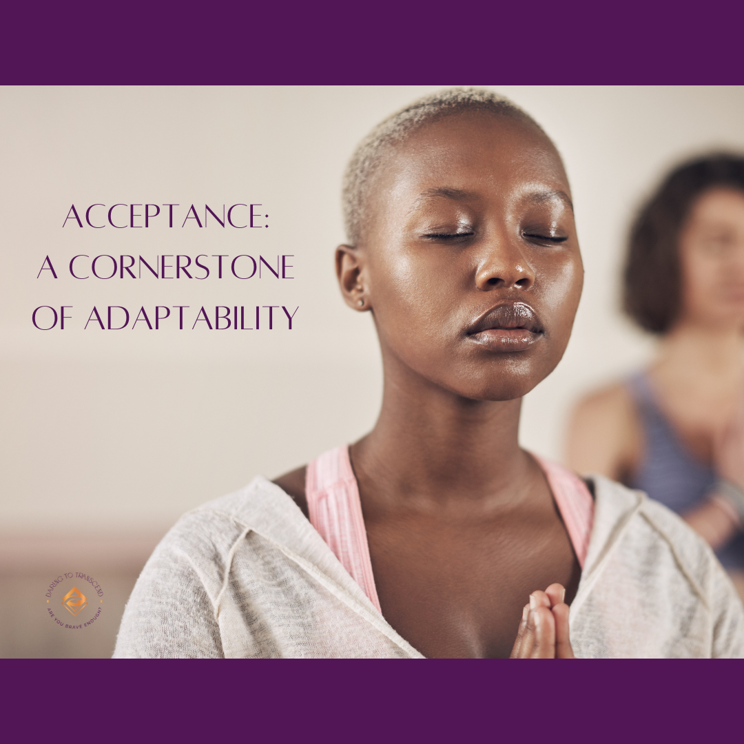 Black woman with short white hair in a yoga outfit and prayer pose; Quote: Acceptance: A cornerstone of adaptability