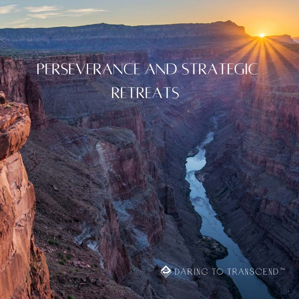 Picture of Grand Canyon with river below and a sunset on the rim. Text: Perseverance and Strategic Retreats
