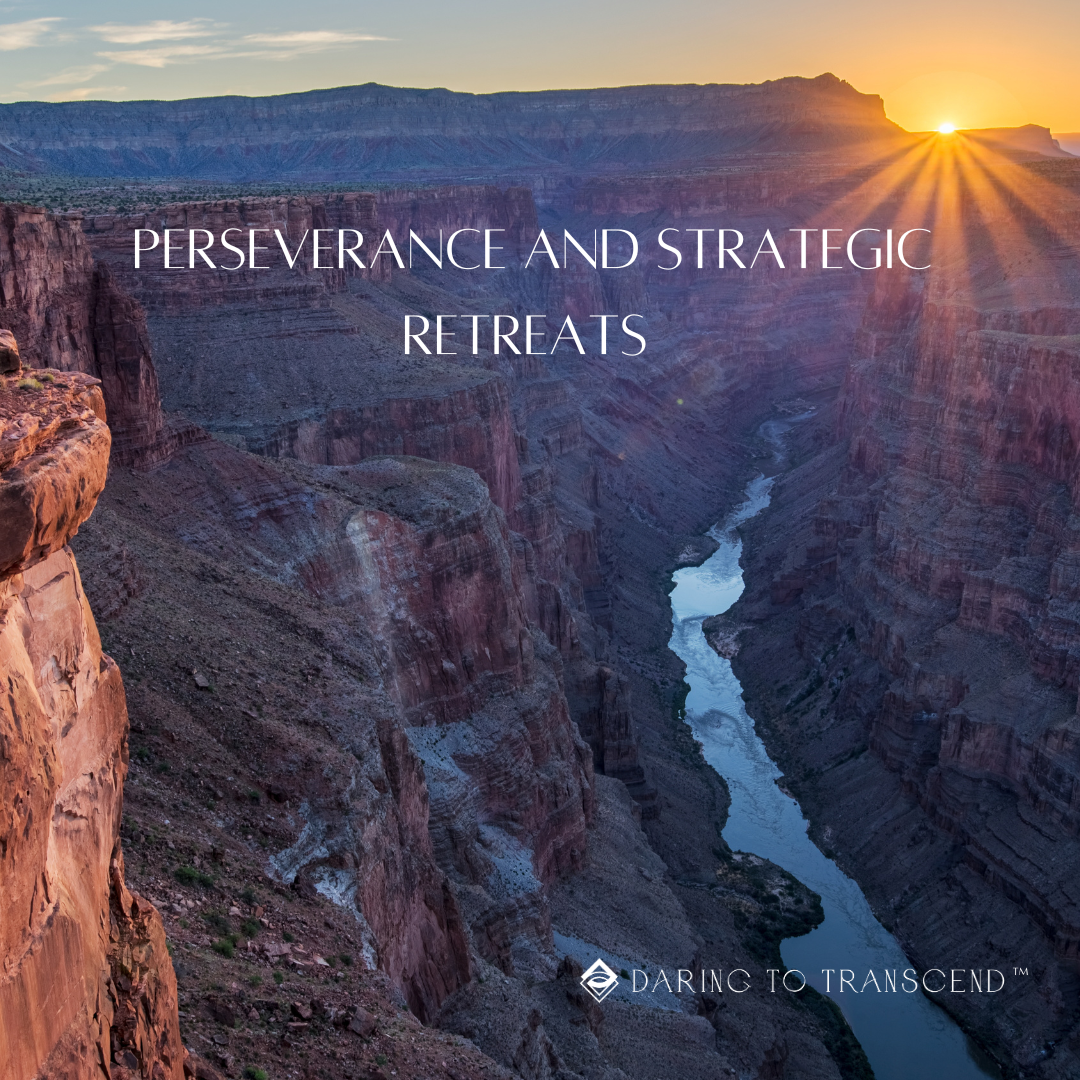 Picture of Grand Canyon with river below and a sunset on the rim. Text: Perseverance and Strategic Retreats