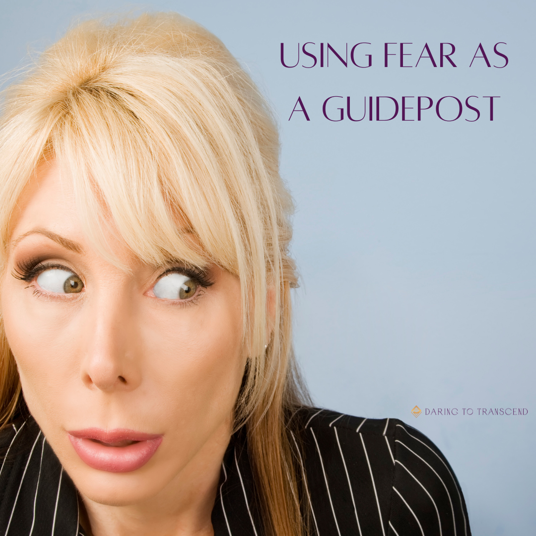 Woman with blond hair in a pinstripe jacket. Her eyes are wide open and she looks afraid. Text: Using fear as a guidepost